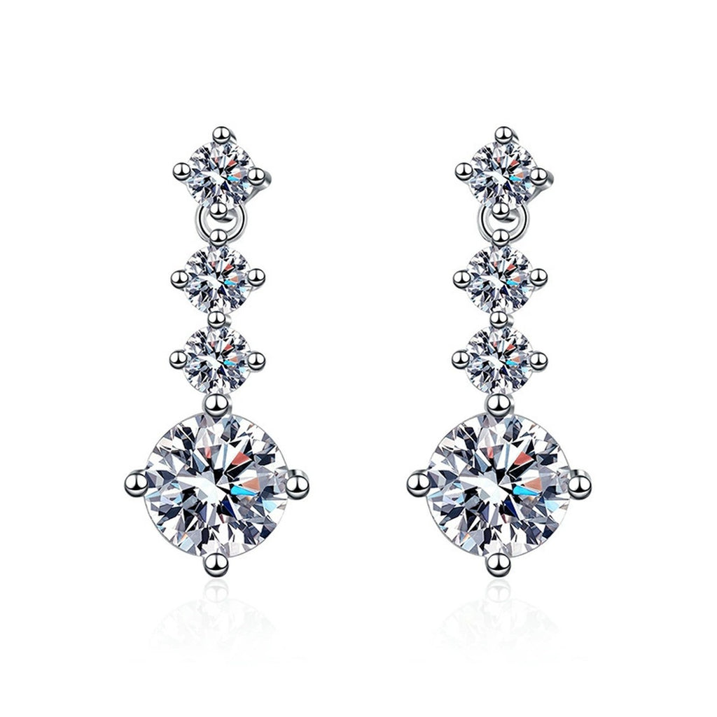 Tiered Moissanite Drop Earrings with CZ in White Gold-Plated S925 on clean white background showing the pair and tiered drop earrings with small upper stones and a round moissanite base