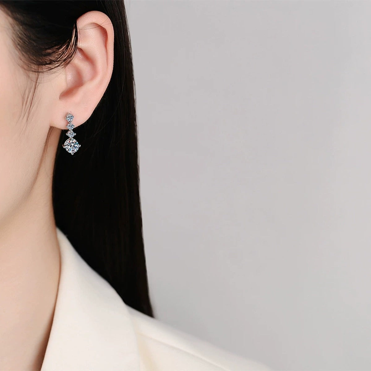 Tiered Moissanite Drop Earrings with CZ in White Gold-Plated S925 worn on ear by model