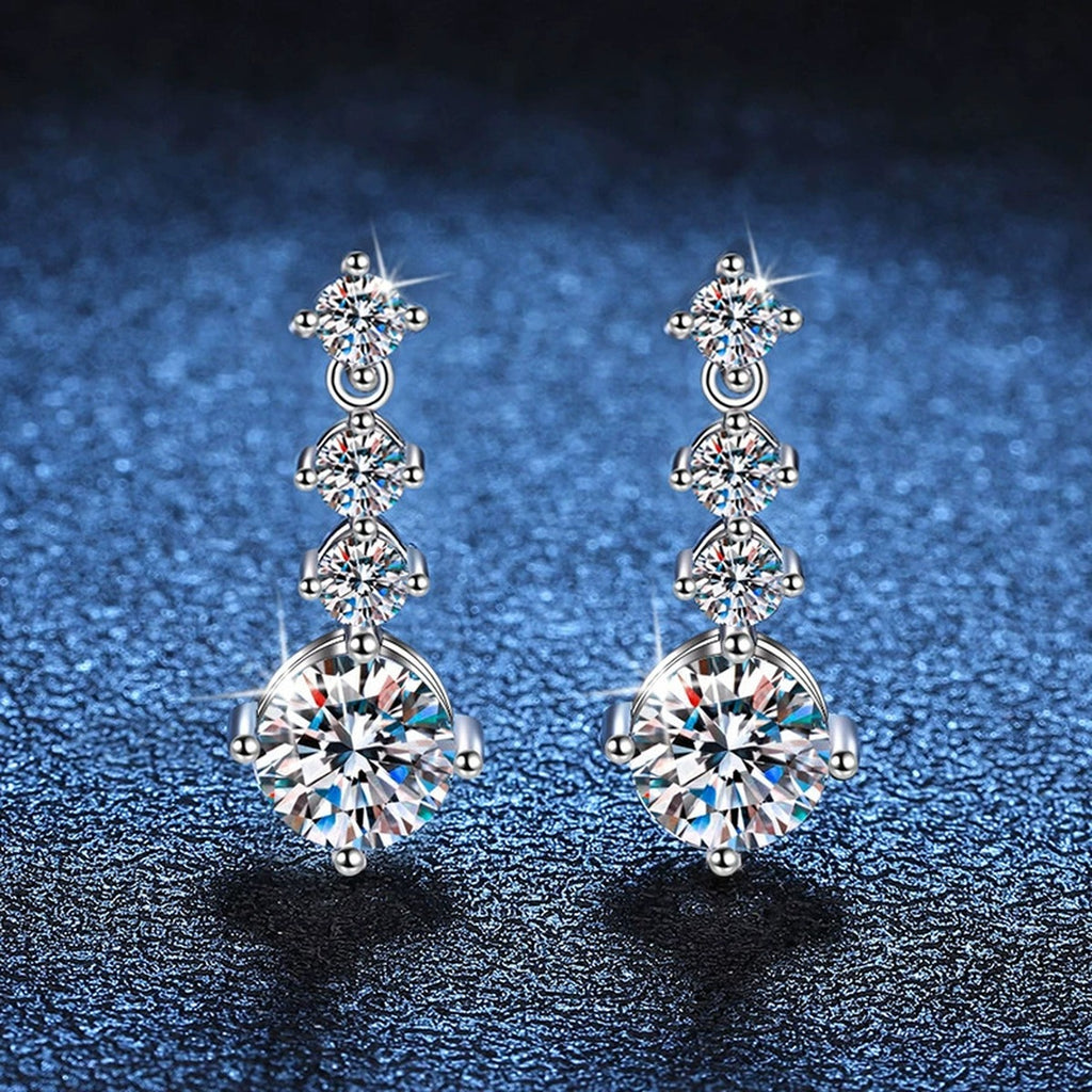 Tiered Moissanite Drop Earrings with CZ in White Gold-Plated S925 blue scene product view