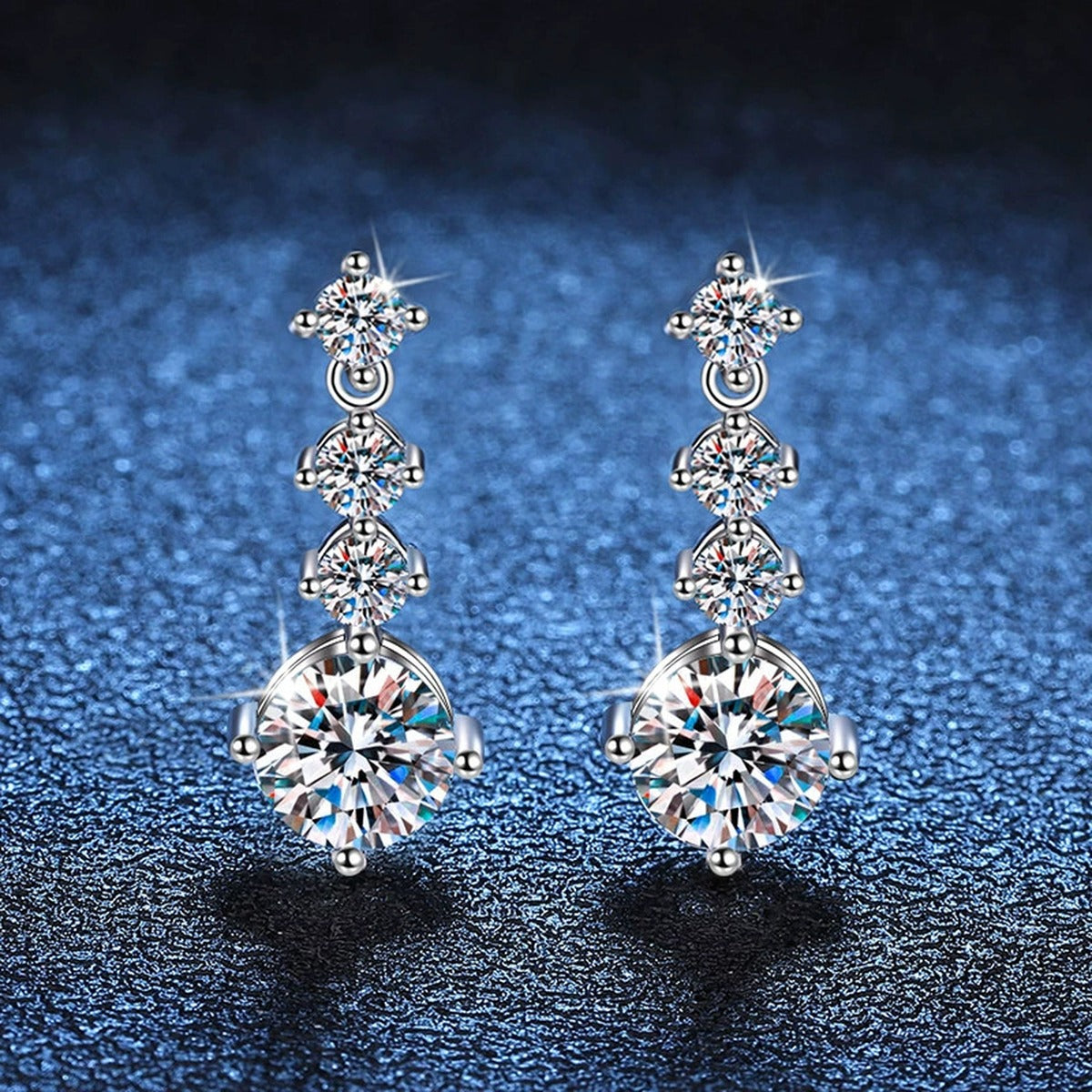 Tiered Moissanite Drop Earrings with CZ in White Gold-Plated S925 blue scene product view