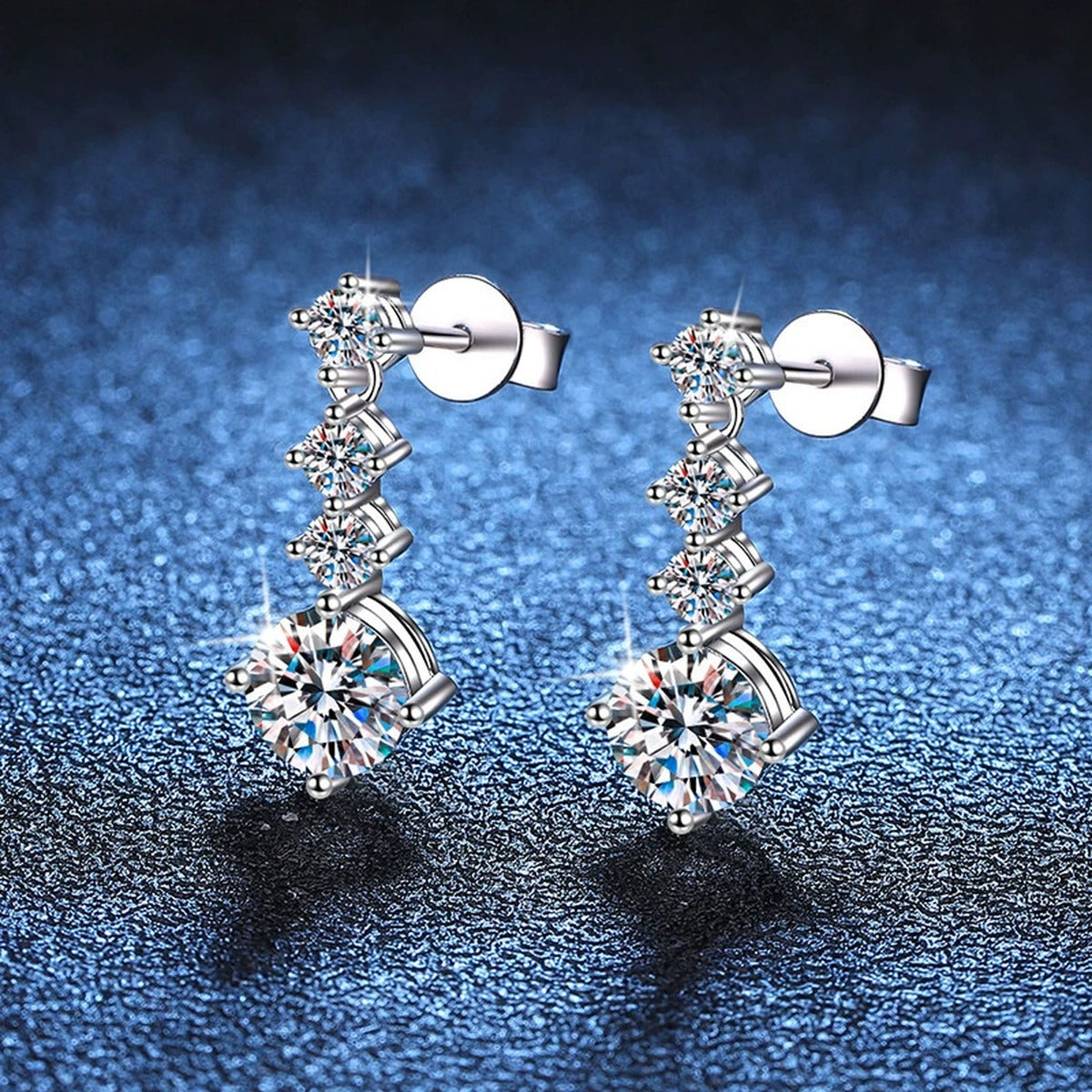Tiered Moissanite Drop Earrings with CZ in White Gold-Plated S925 blue scene angled view