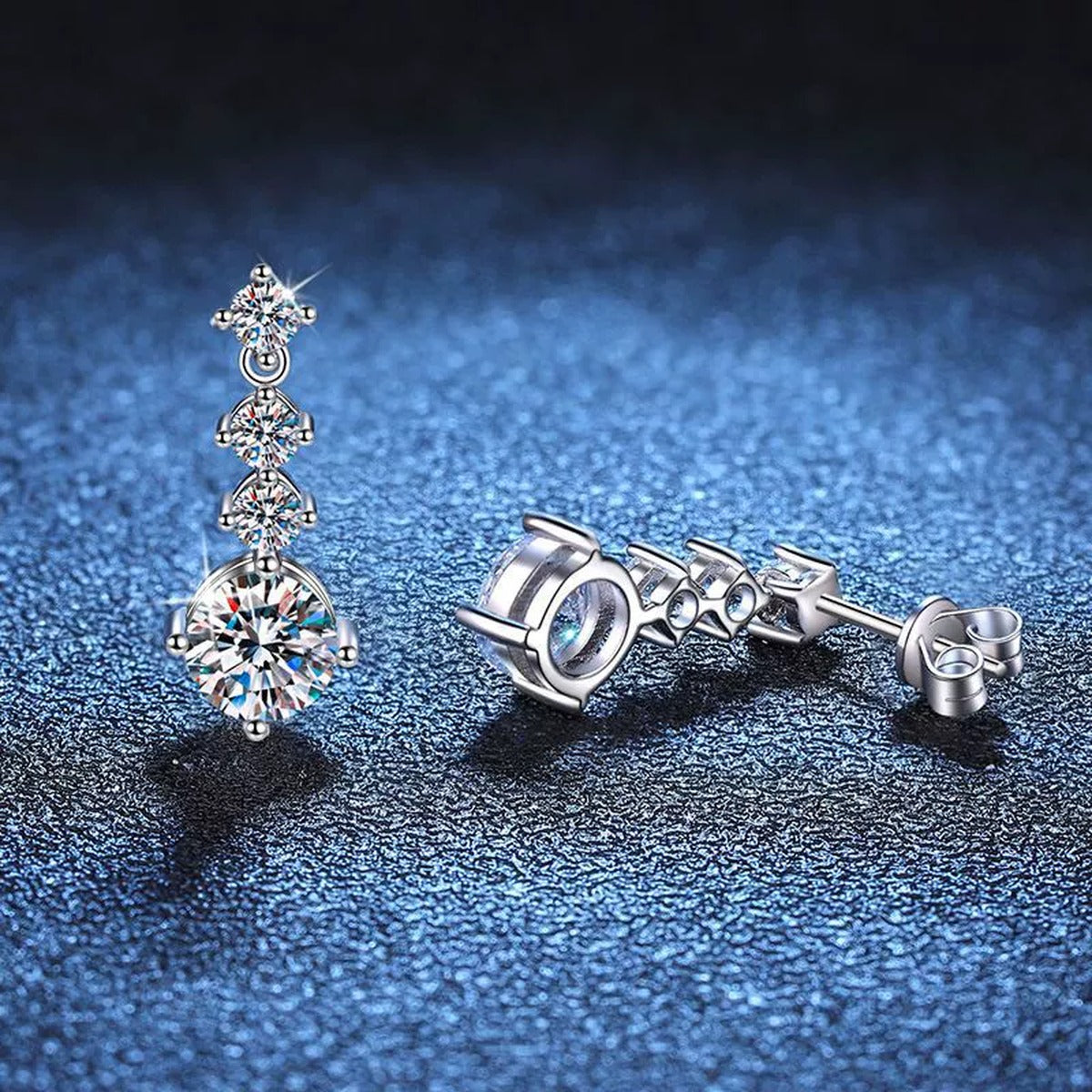 Tiered Moissanite Drop Earrings with CZ in White Gold-Plated S925 blue scene close-up view