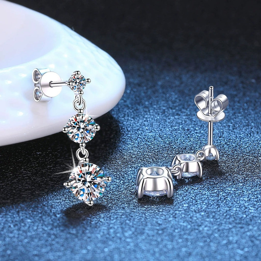 Graduated Moissanite Drop Earrings in White Gold-Plated S925 Sterling Silver blue scene product view