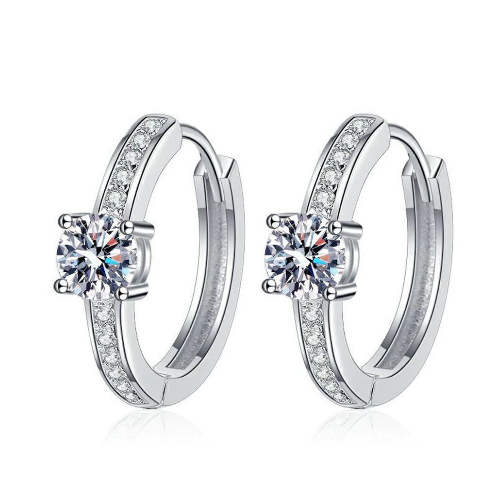 Round Halo Moissanite Huggie Hoop Earrings with CZ in White Gold-Plated S925 on clean white background showing the pair and huggie hoops with a compact round halo cluster at the front