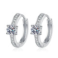 Round Halo Moissanite Huggie Hoop Earrings with CZ in White Gold-Plated S925 on clean white background showing the pair and huggie hoops with a compact round halo cluster at the front