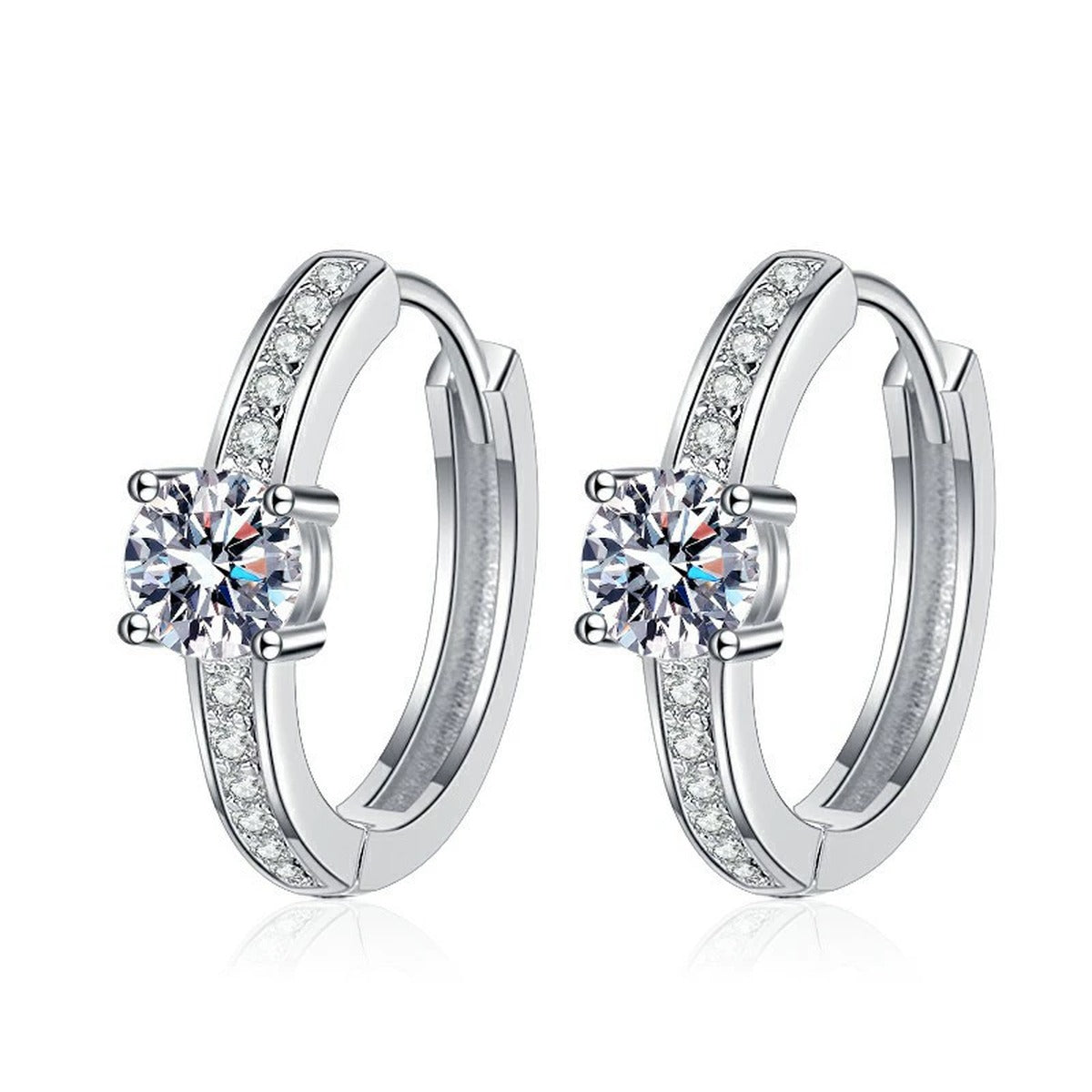Round Halo Moissanite Huggie Hoop Earrings with CZ in White Gold-Plated S925 on clean white background showing the pair and huggie hoops with a compact round halo cluster at the front
