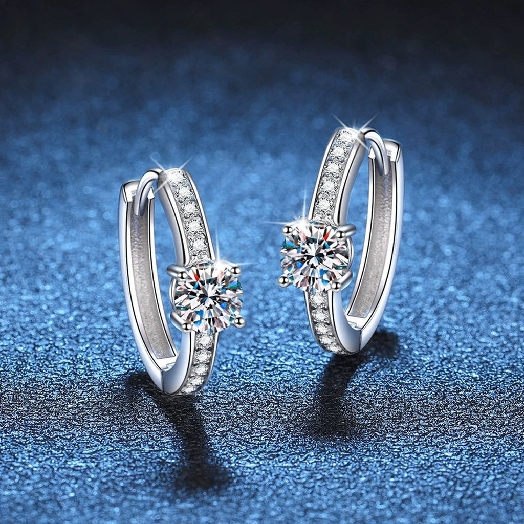 Round Halo Moissanite Huggie Hoop Earrings with CZ in White Gold-Plated S925 blue scene product view