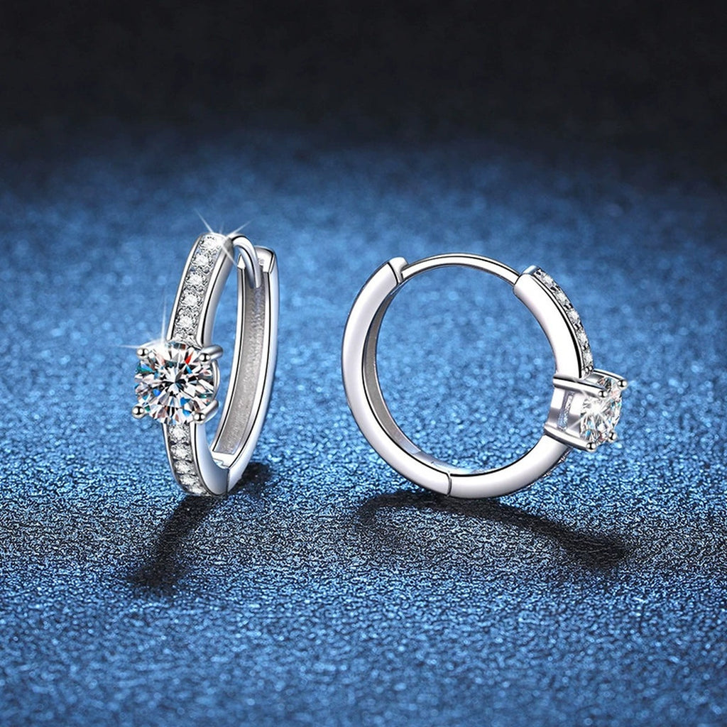 Round Halo Moissanite Huggie Hoop Earrings with CZ in White Gold-Plated S925 blue scene angled view