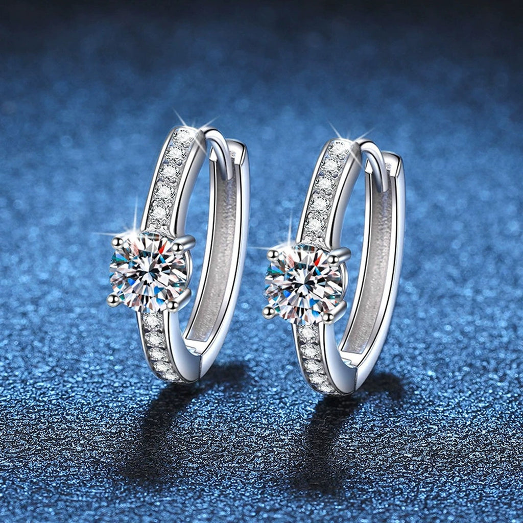 Round Halo Moissanite Huggie Hoop Earrings with CZ in White Gold-Plated S925 blue scene close-up view