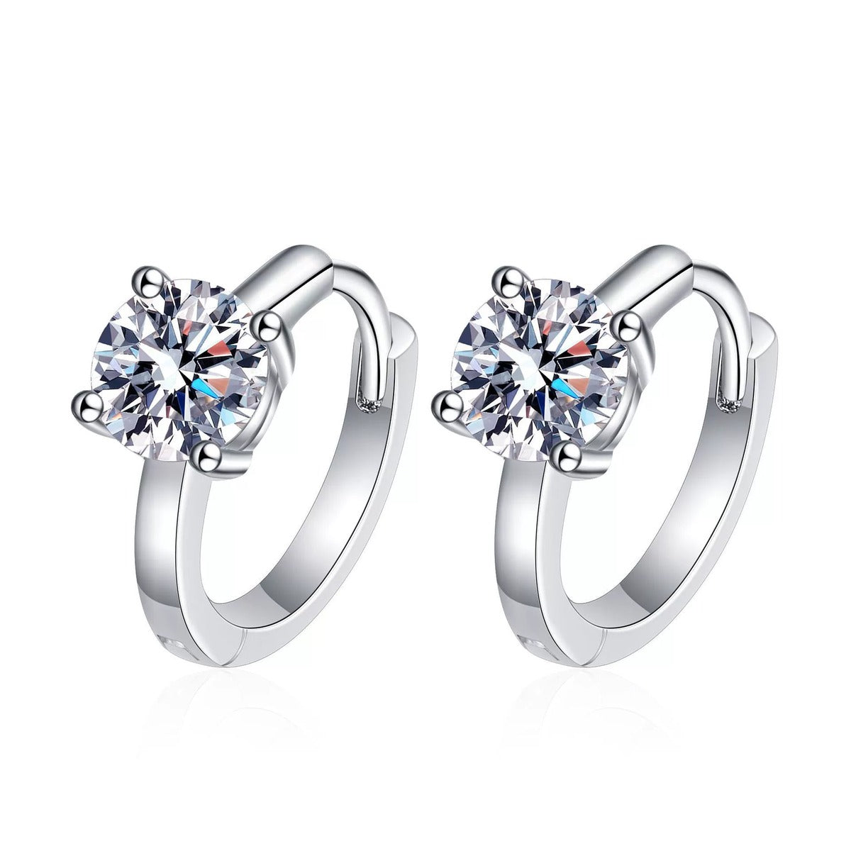 Floral Cluster Moissanite Hoop Earrings in White Gold-Plated S925 Silver on clean white background showing the pair and petite hoop earrings with a flower-like moissanite cluster