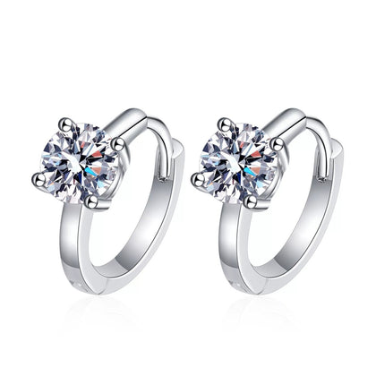 Floral Cluster Moissanite Hoop Earrings in White Gold-Plated S925 Silver on clean white background showing the pair and petite hoop earrings with a flower-like moissanite cluster