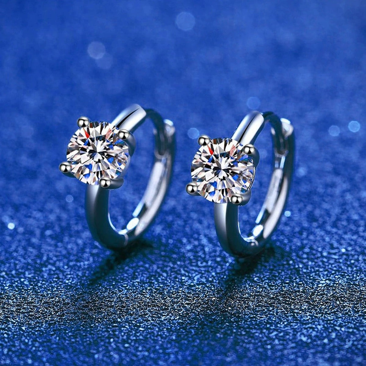 Floral Cluster Moissanite Hoop Earrings in White Gold-Plated S925 Silver blue scene product view