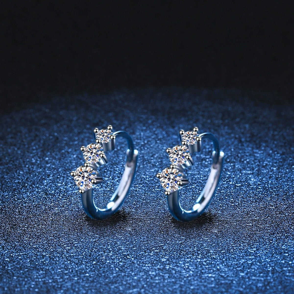 Floral Moissanite Hoop Earrings in White Gold-Plated S925 Sterling Silver blue scene close-up view