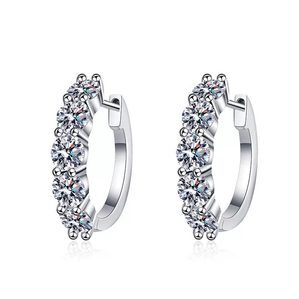 Multi-Stone Moissanite Hoop Earrings in White Gold-Plated S925 Silver on clean white background showing the pair and inside-out hoop earrings with graduated round moissanite stones