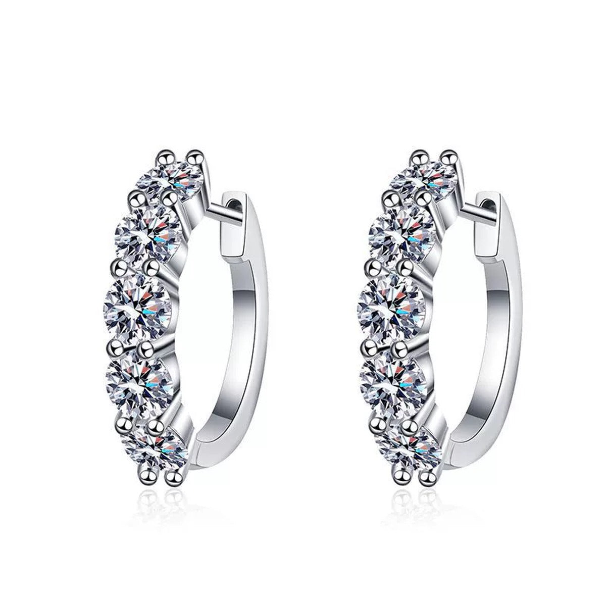 Multi-Stone Moissanite Hoop Earrings in White Gold-Plated S925 Silver on clean white background showing the pair and inside-out hoop earrings with graduated round moissanite stones