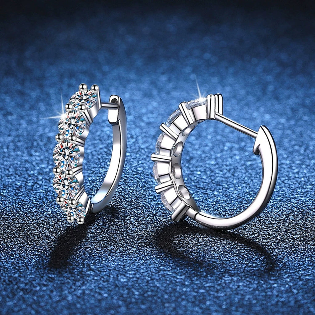 Multi-Stone Moissanite Hoop Earrings in White Gold-Plated S925 Silver blue scene close-up view