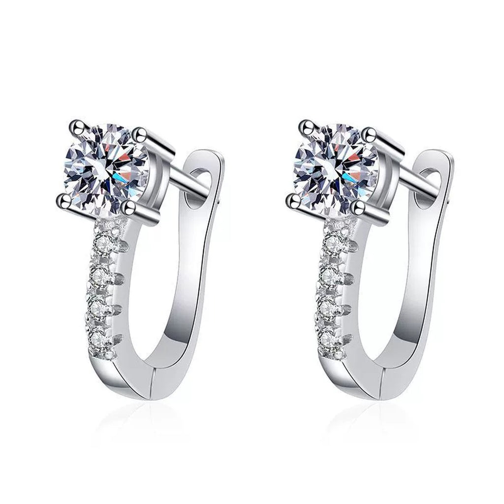 Square Cluster Moissanite Hoop Earrings with CZ in White Gold-Plated S925 on clean white background showing the pair and square cluster fronts on polished huggie hoops