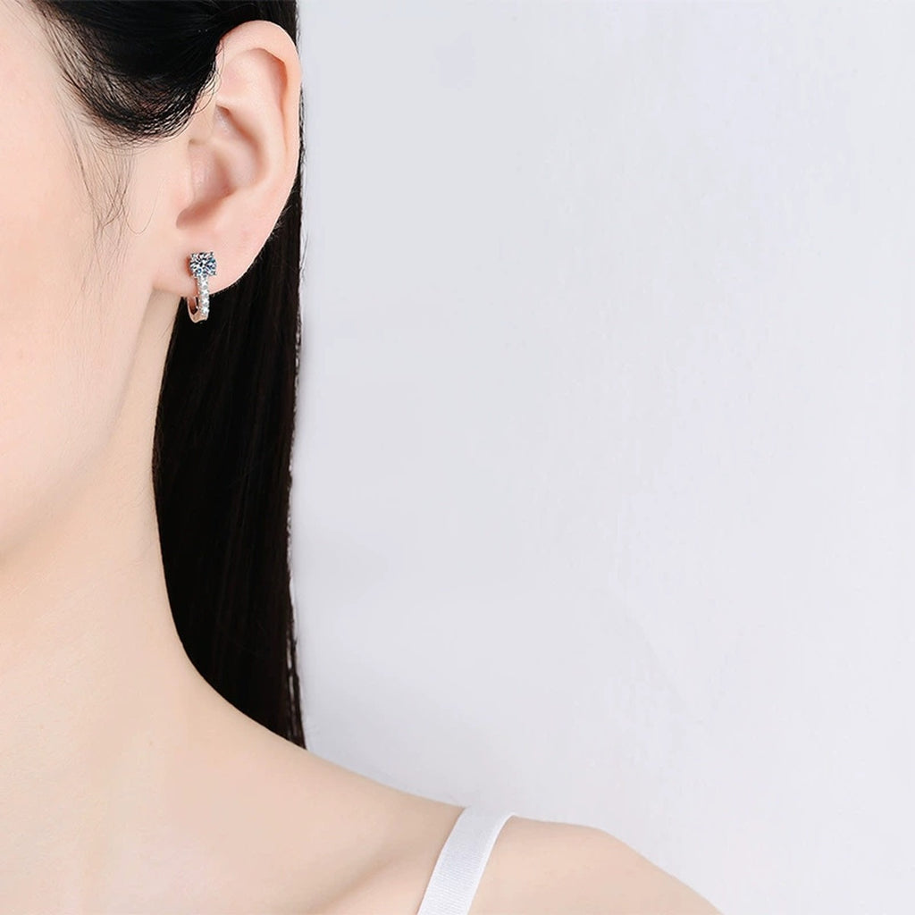 Square Cluster Moissanite Hoop Earrings with CZ in White Gold-Plated S925 worn on ear by model