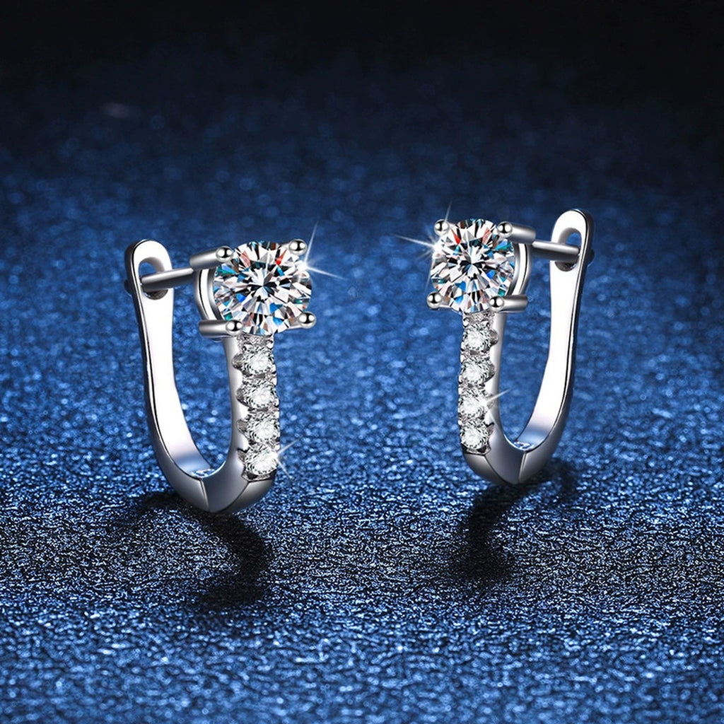 Square Cluster Moissanite Hoop Earrings with CZ in White Gold-Plated S925 blue scene angled view