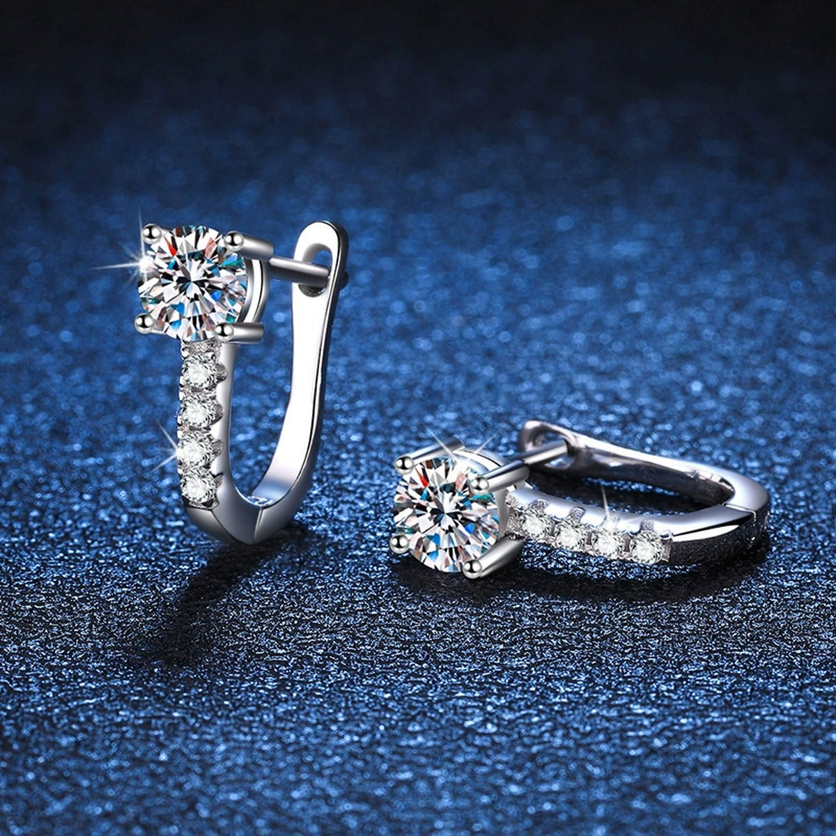 Square Cluster Moissanite Hoop Earrings with CZ in White Gold-Plated S925 blue scene close-up view