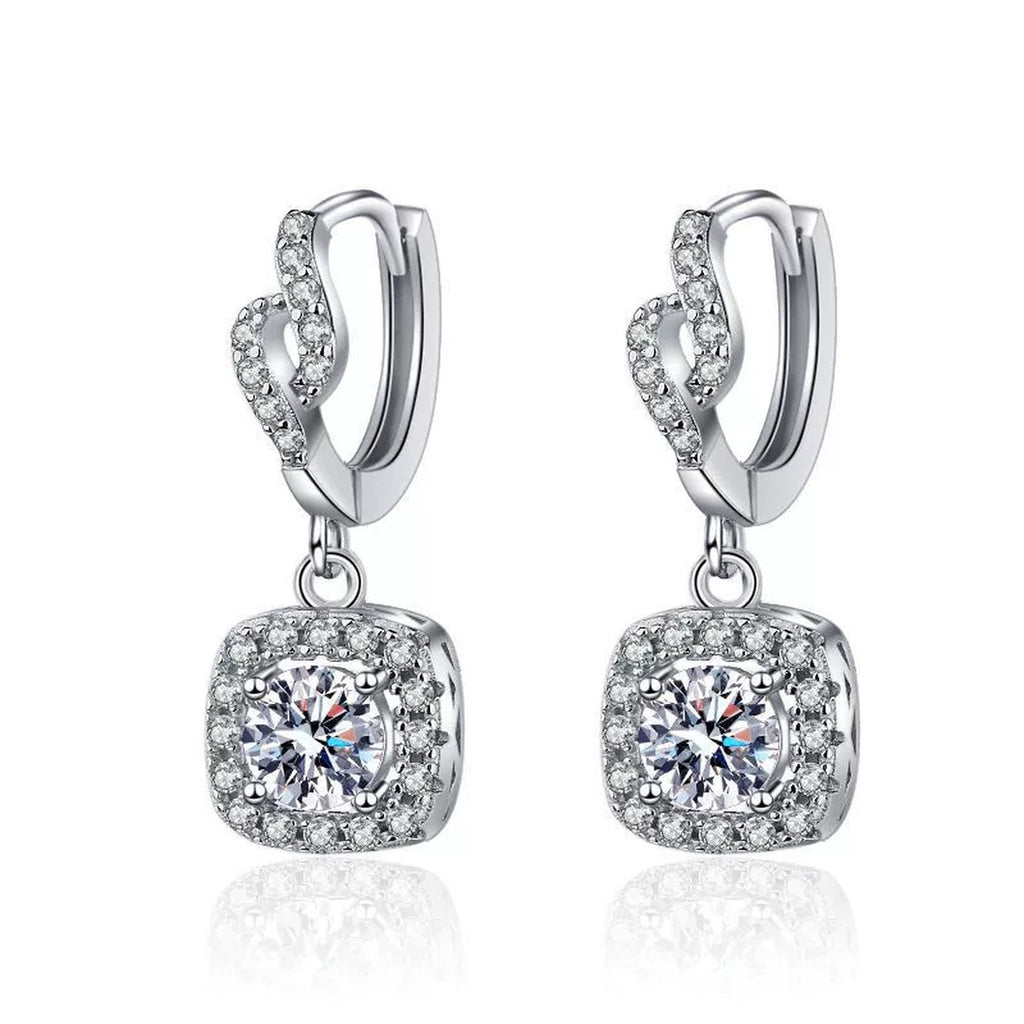 Round Halo Moissanite Drop Earrings with CZ in White Gold-Plated S925 on clean white background showing the pair and small drop earrings with round halo centers below a curved top