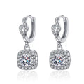 Round Halo Moissanite Drop Earrings with CZ in White Gold-Plated S925 on clean white background showing the pair and small drop earrings with round halo centers below a curved top