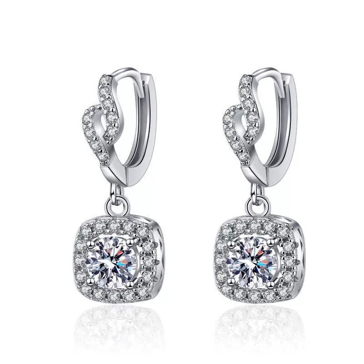 Round Halo Moissanite Drop Earrings with CZ in White Gold-Plated S925 on clean white background showing the pair and small drop earrings with round halo centers below a curved top