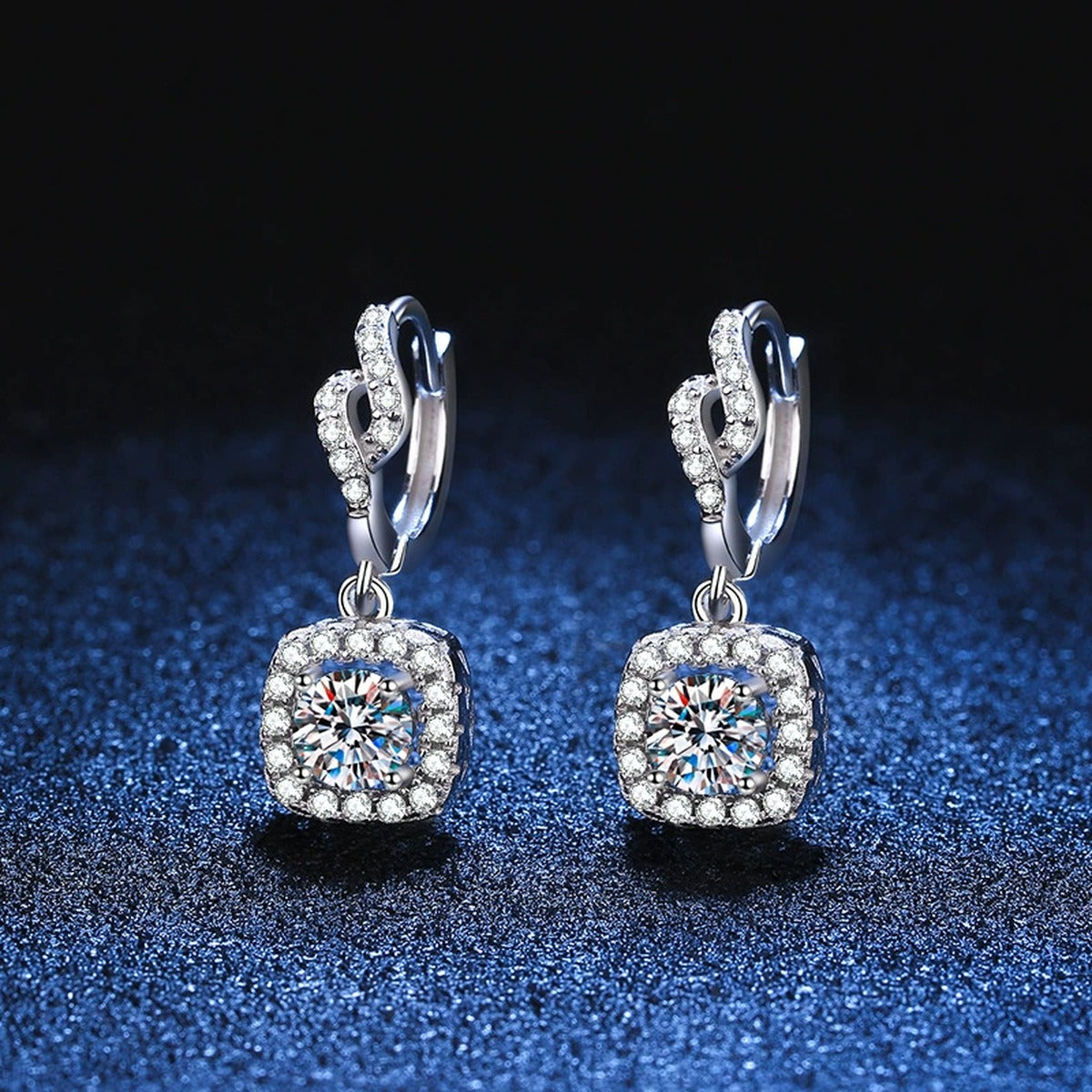 Round Halo Moissanite Drop Earrings with CZ in White Gold-Plated S925 blue scene product view