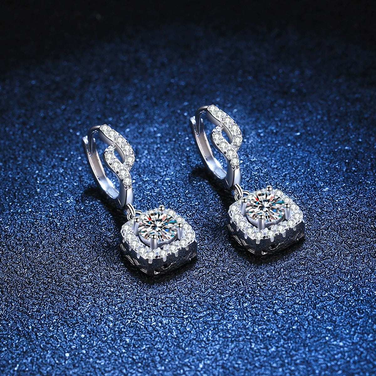 Round Halo Moissanite Drop Earrings with CZ in White Gold-Plated S925 blue scene angled view