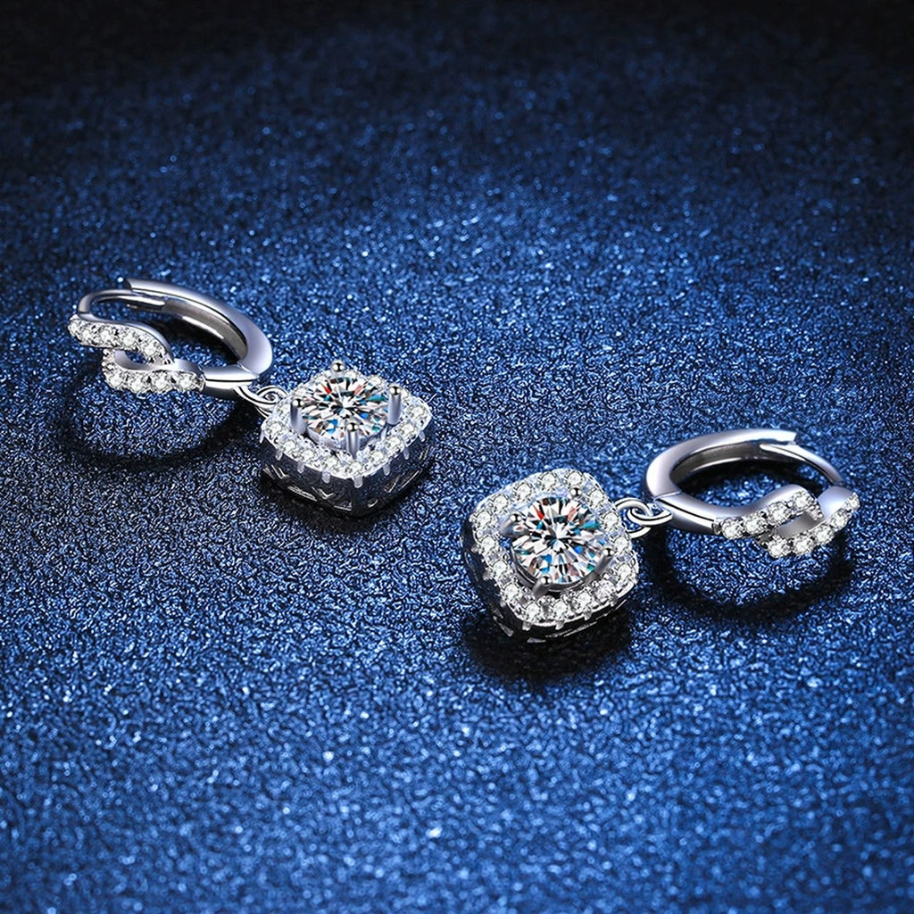 Round Halo Moissanite Drop Earrings with CZ in White Gold-Plated S925 blue scene close-up view