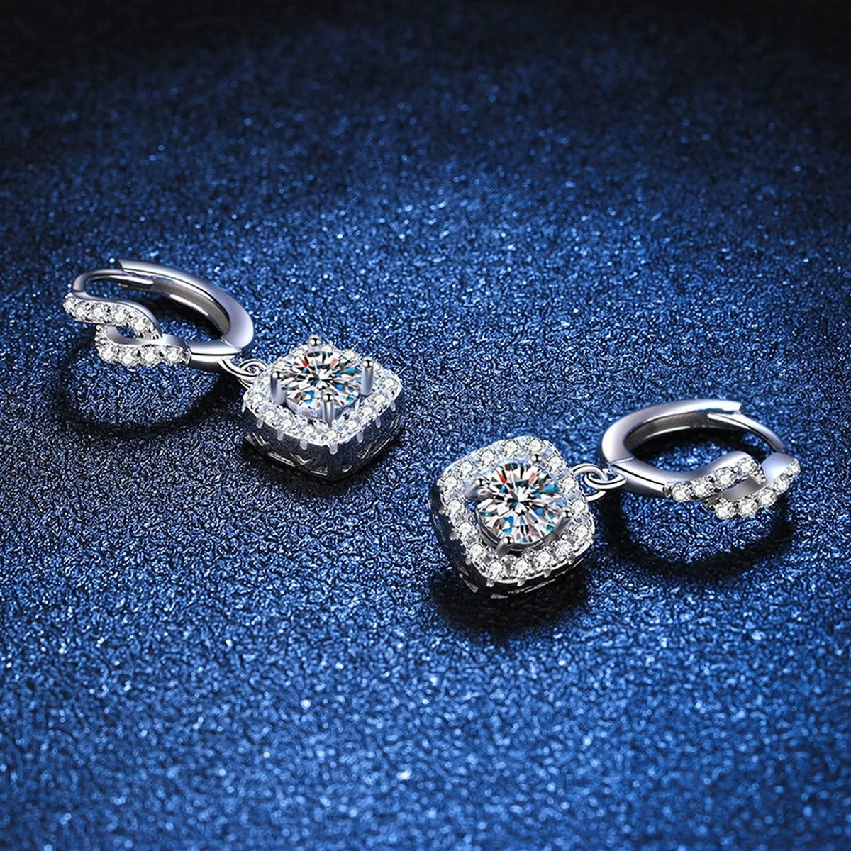 Round Halo Moissanite Drop Earrings with CZ in White Gold-Plated S925 blue scene close-up view