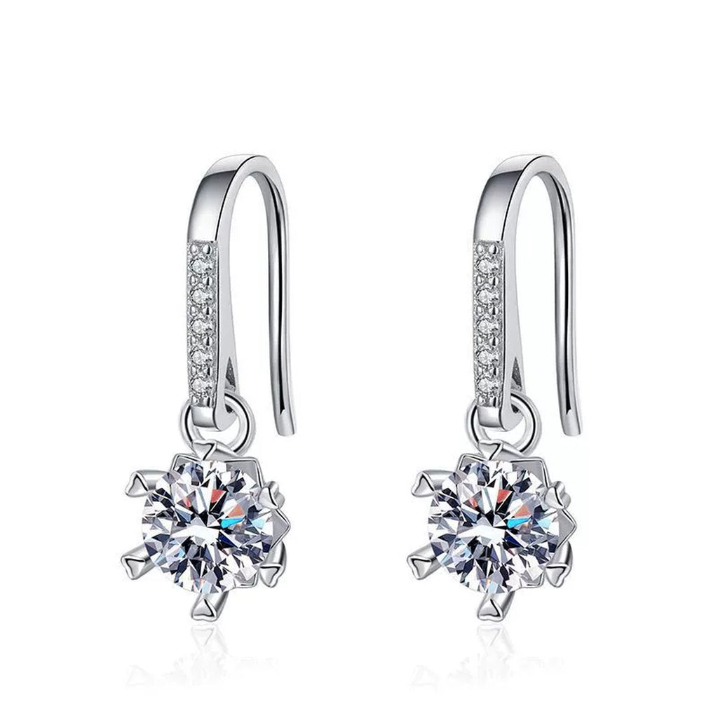 Floral Moissanite Drop Earrings with CZ in White Gold-Plated S925 on clean white background showing the pair and delicate floral moissanite drops suspended from slim hooks