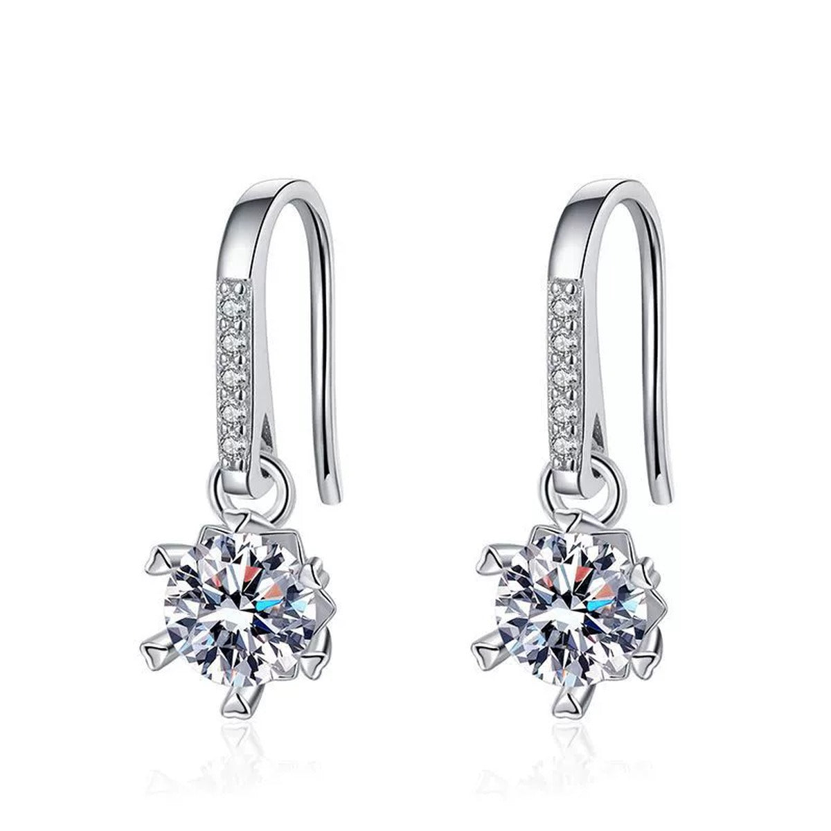 Floral Moissanite Drop Earrings with CZ in White Gold-Plated S925 on clean white background showing the pair and delicate floral moissanite drops suspended from slim hooks