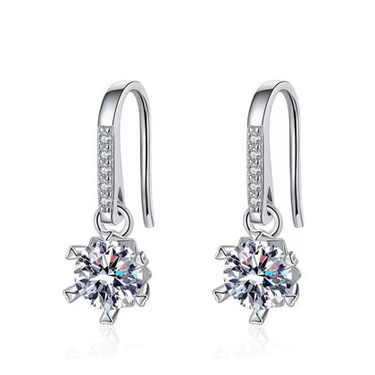 Floral Moissanite Drop Earrings with CZ in White Gold-Plated S925 on clean white background showing the pair and delicate floral moissanite drops suspended from slim hooks