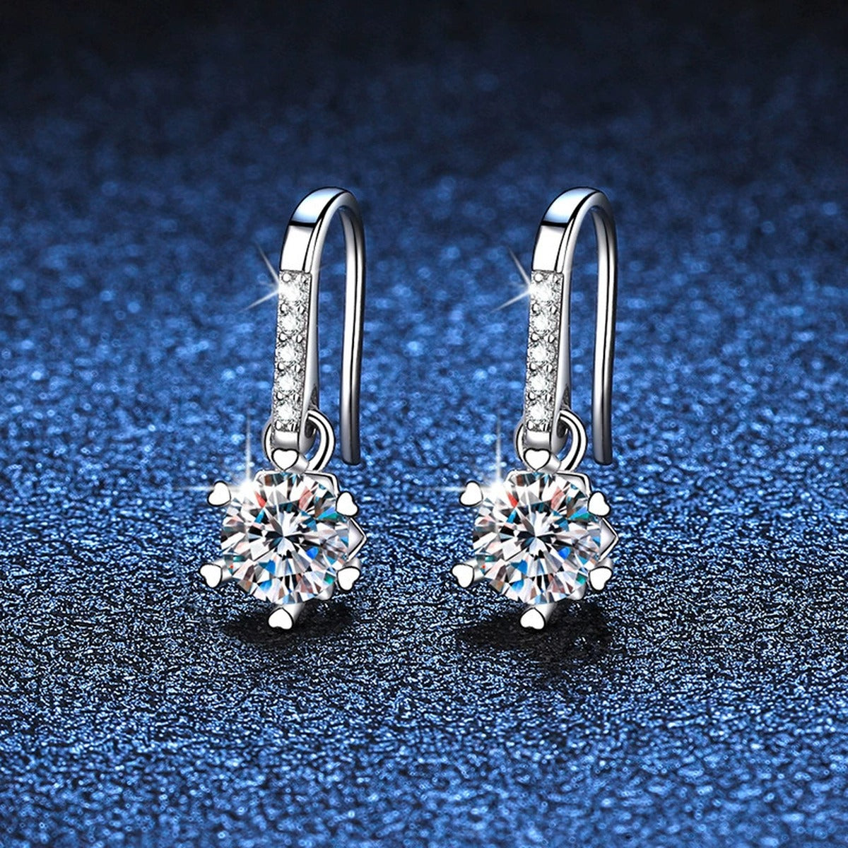 Floral Moissanite Drop Earrings with CZ in White Gold-Plated S925 blue scene close-up view