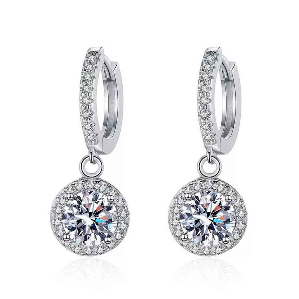 Classic Moissanite Hoop Drop Earrings with CZ in White Gold-Plated S925 on clean white background showing the pair and polished hoops with round moissanite drops below