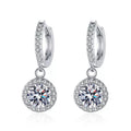 Classic Moissanite Hoop Drop Earrings with CZ in White Gold-Plated S925 on clean white background showing the pair and polished hoops with round moissanite drops below