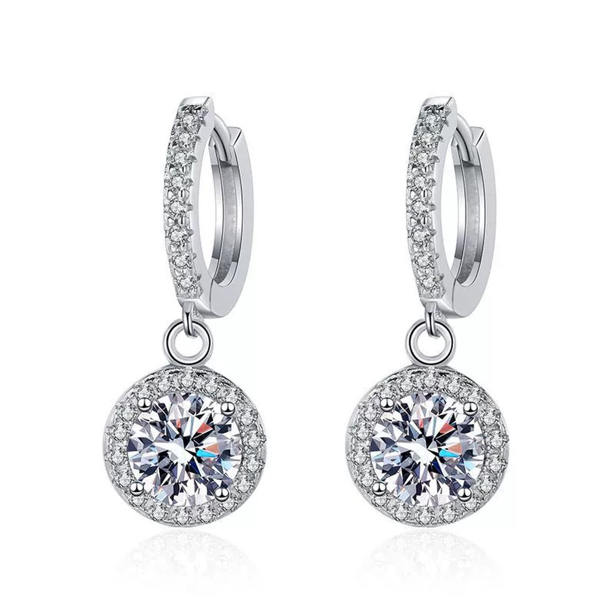 Classic Moissanite Hoop Drop Earrings with CZ in White Gold-Plated S925 on clean white background showing the pair and polished hoops with round moissanite drops below