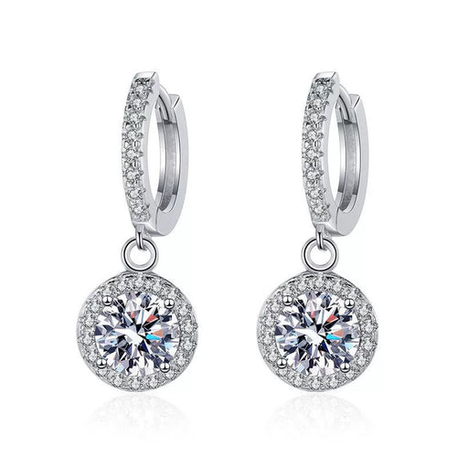 Classic Moissanite Hoop Drop Earrings with CZ in White Gold-Plated S925 on clean white background showing the pair and polished hoops with round moissanite drops below