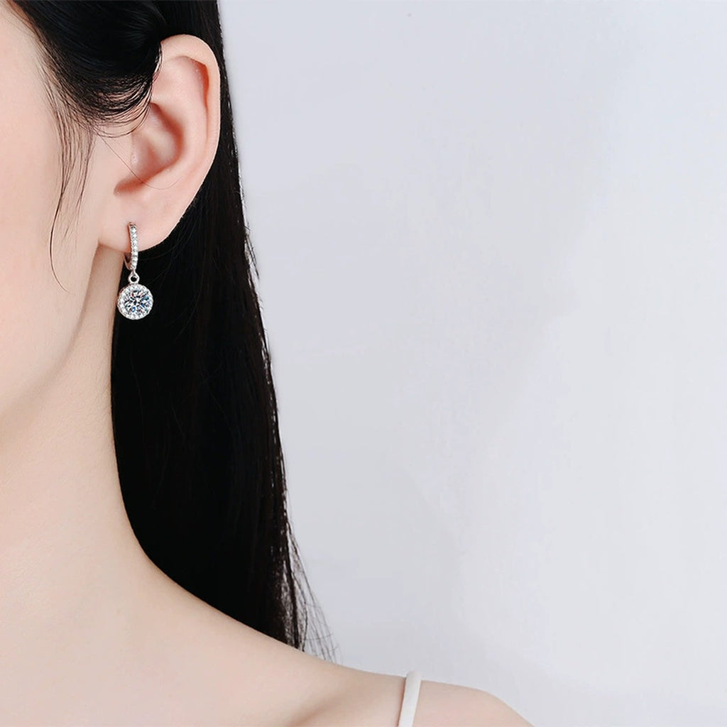 Classic Moissanite Hoop Drop Earrings with CZ in White Gold-Plated S925 worn on ear by model