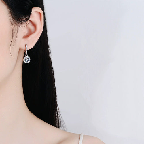 Classic Moissanite Hoop Drop Earrings with CZ in White Gold-Plated S925 worn on ear by model