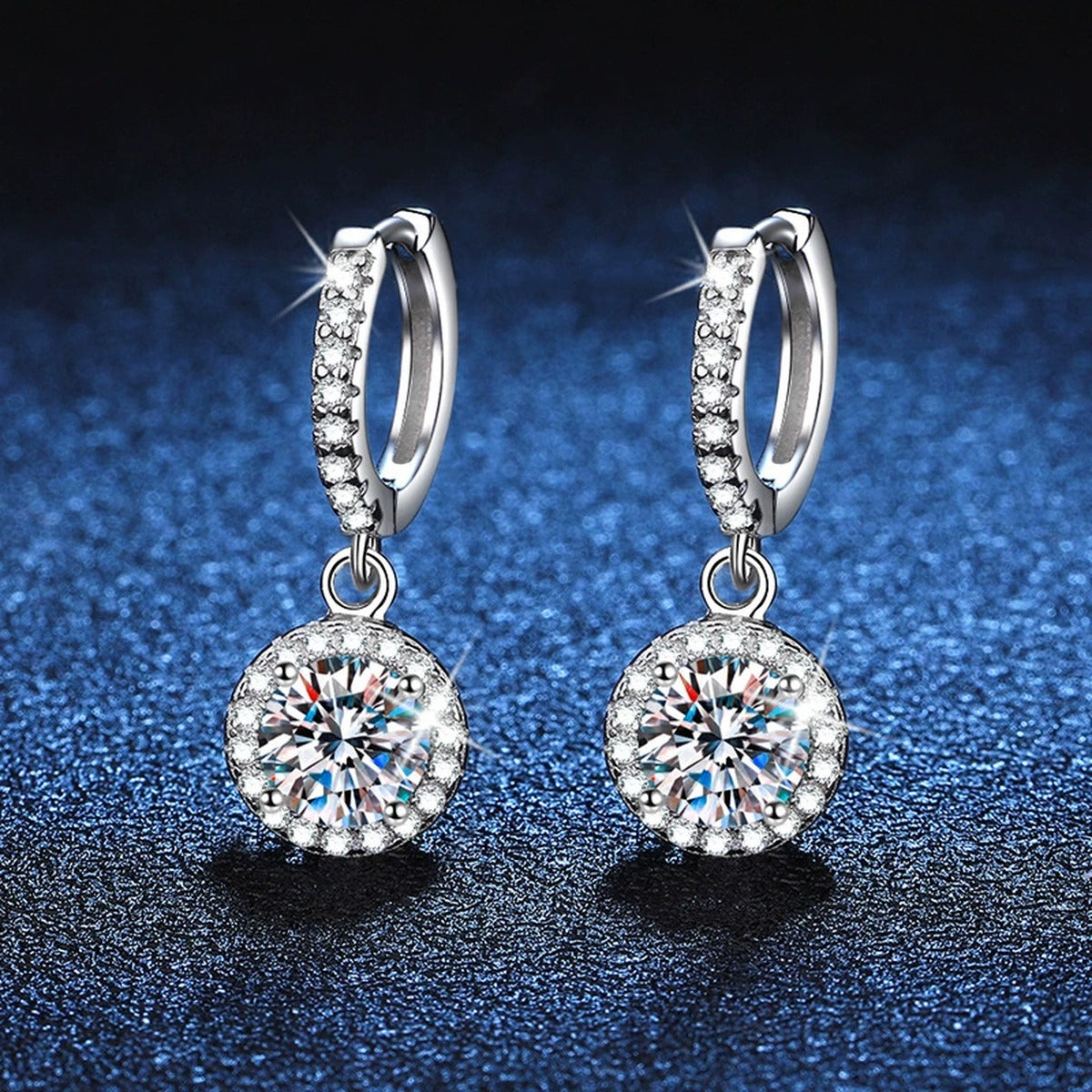 Classic Moissanite Hoop Drop Earrings with CZ in White Gold-Plated S925 blue scene product view