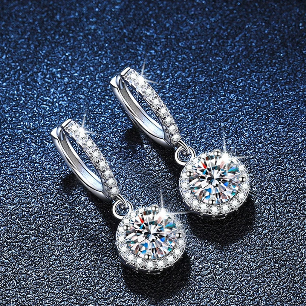 Classic Moissanite Hoop Drop Earrings with CZ in White Gold-Plated S925 blue scene angled view
