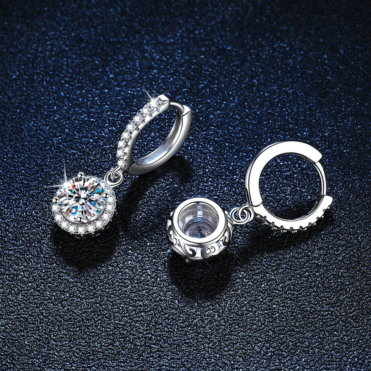 Classic Moissanite Hoop Drop Earrings with CZ in White Gold-Plated S925 dark background product display view