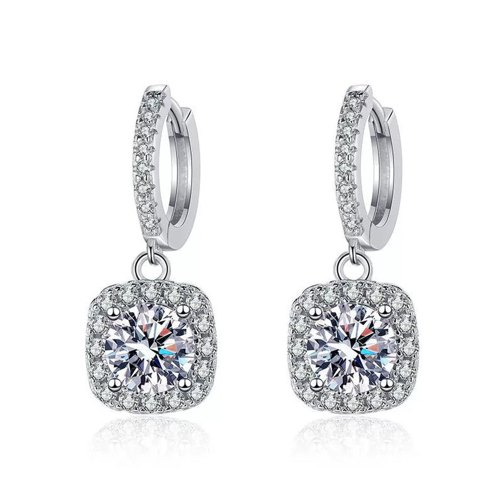 Round Halo Moissanite Hoop Drop Earrings with CZ in White Gold-Plated S925 on clean white background showing the pair and round halo drops hanging from bright huggie hoops