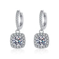 Round Halo Moissanite Hoop Drop Earrings with CZ in White Gold-Plated S925 on clean white background showing the pair and round halo drops hanging from bright huggie hoops