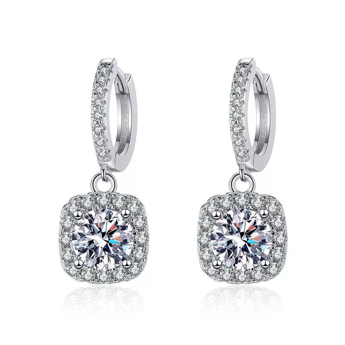 Round Halo Moissanite Hoop Drop Earrings with CZ in White Gold-Plated S925 on clean white background showing the pair and round halo drops hanging from bright huggie hoops