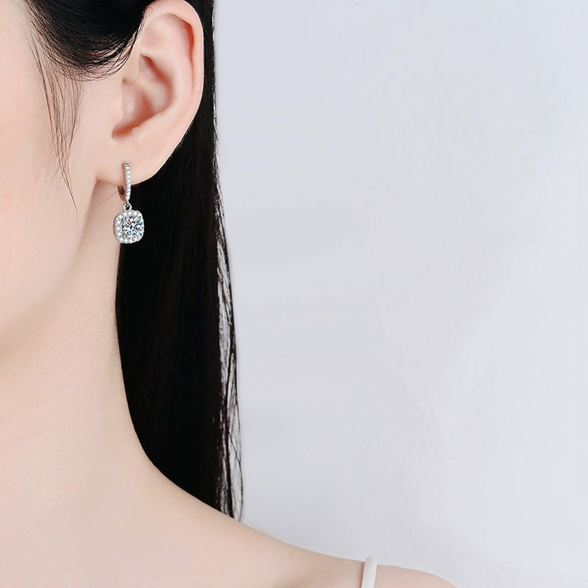 Round Halo Moissanite Hoop Drop Earrings with CZ in White Gold-Plated S925 worn on ear by model