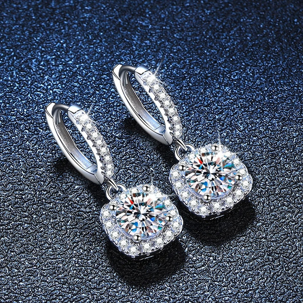 Round Halo Moissanite Hoop Drop Earrings with CZ in White Gold-Plated S925 blue scene product view