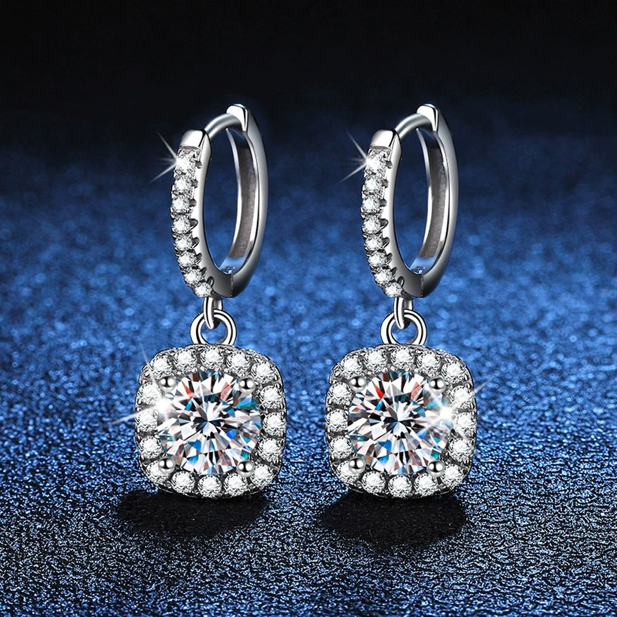 Round Halo Moissanite Hoop Drop Earrings with CZ in White Gold-Plated S925 blue scene angled view